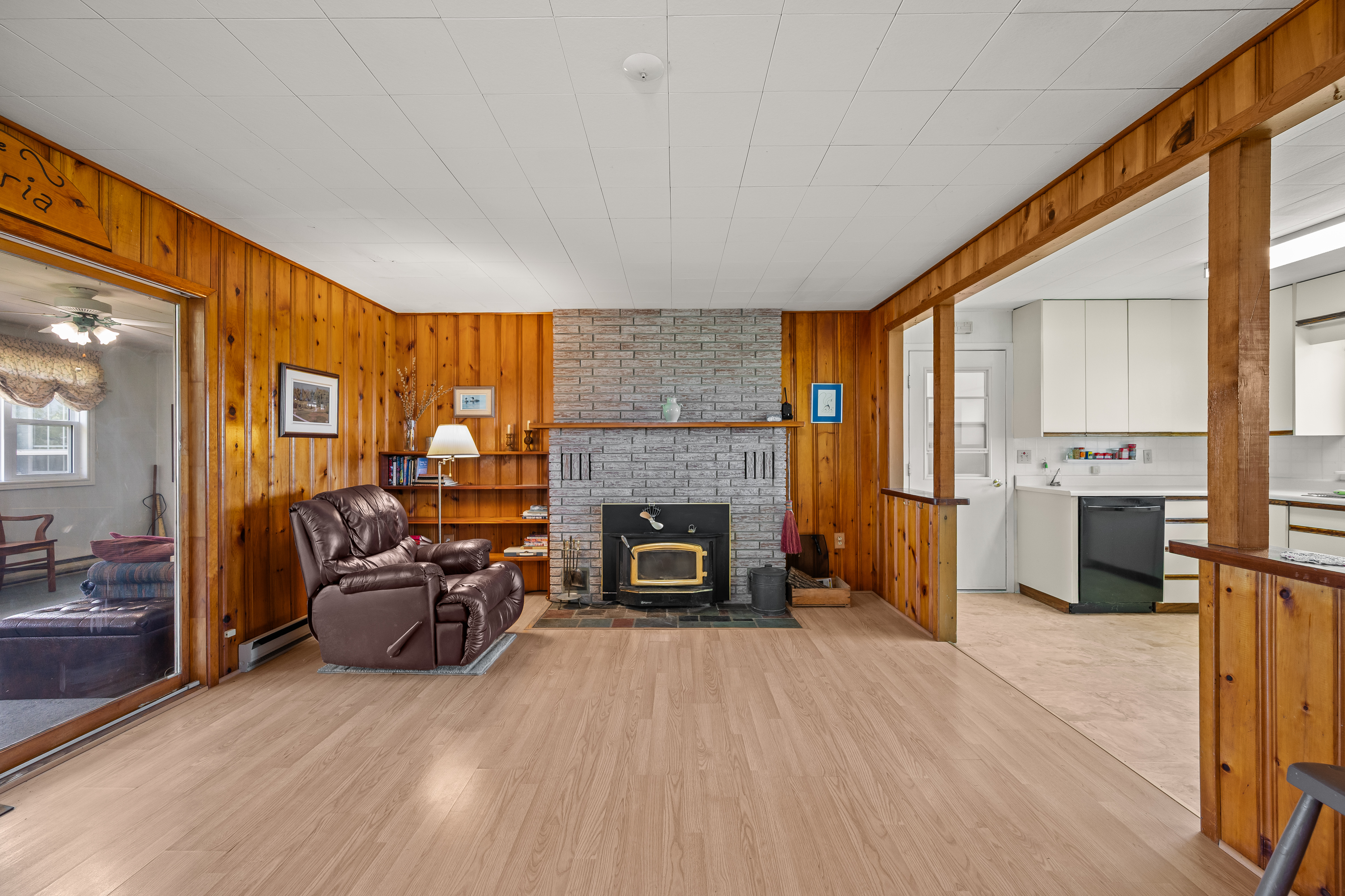 Pine living room with wood stove