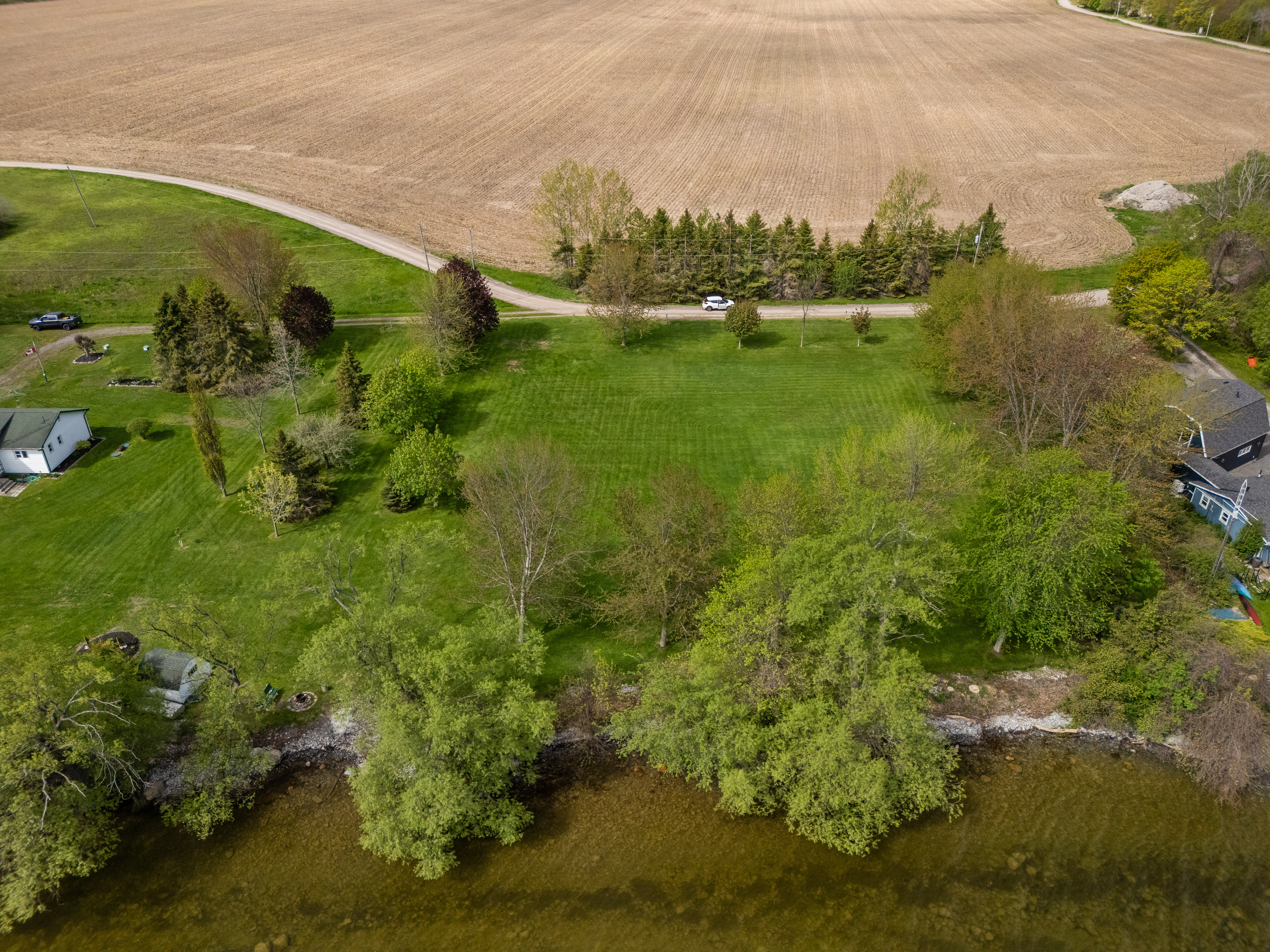 Open lawn with Lake Ontario beyond the treeline